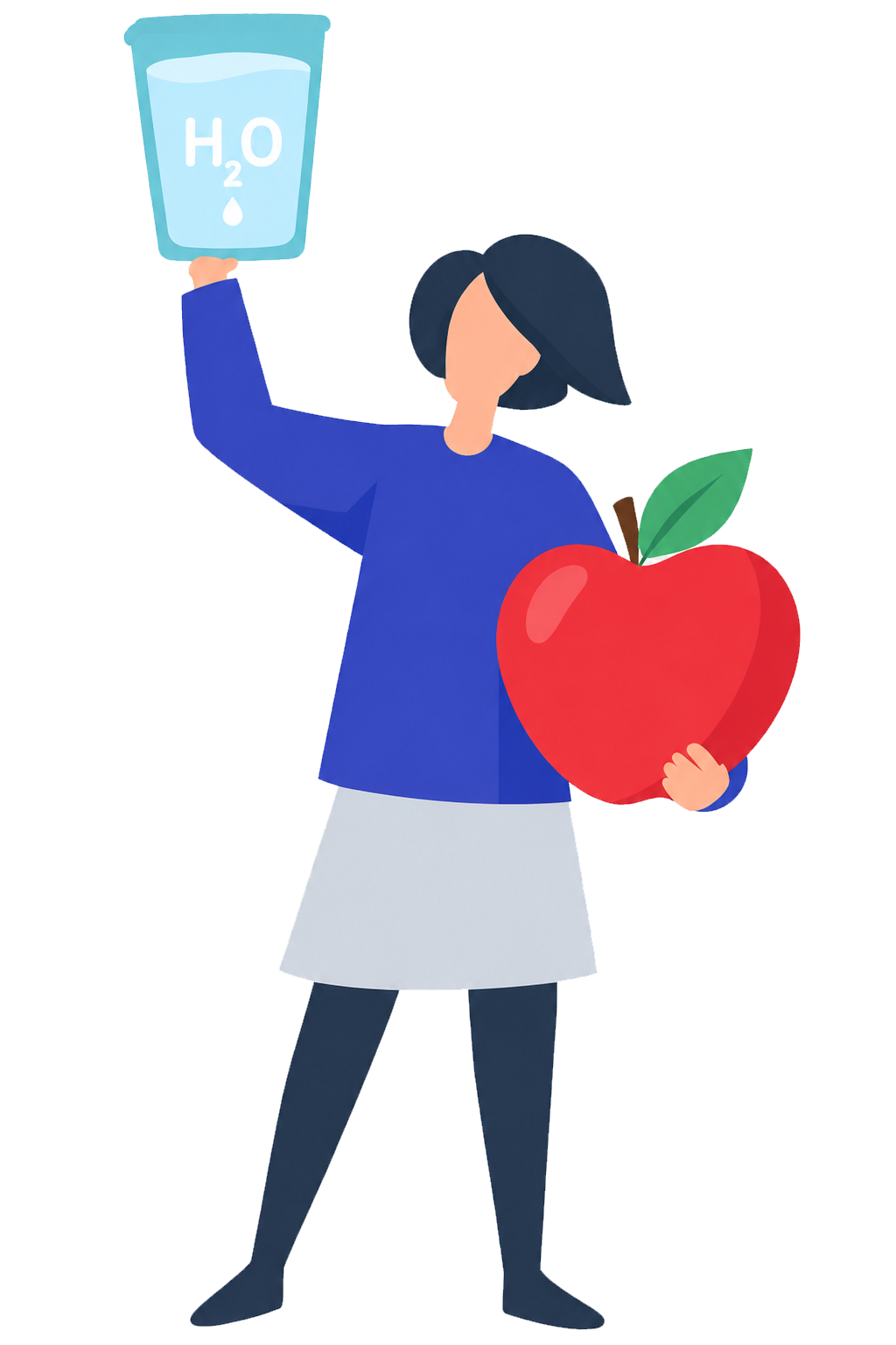 Mujer sosteniendo un vaso de agua y una manzana grande