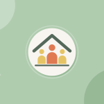 Ilustración de una casa con personas dentro sobre fondo verde, categoría Recursos comunitarios